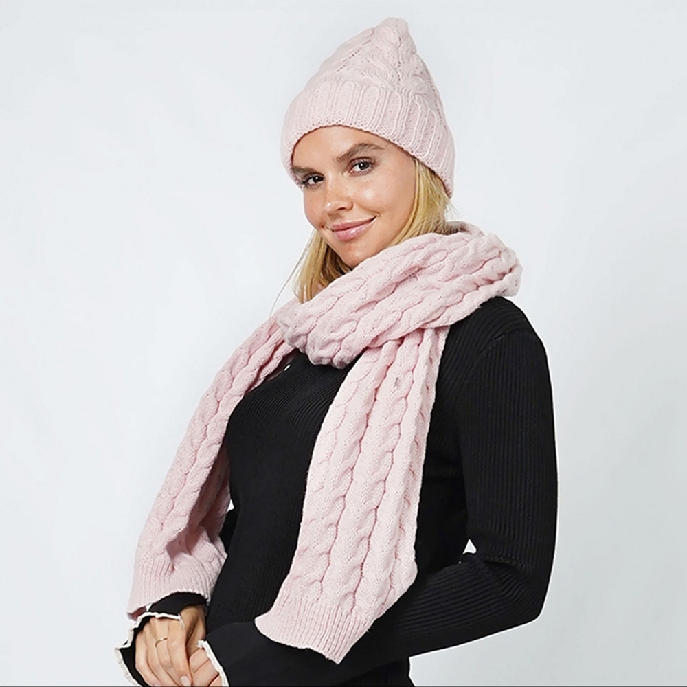 Pink Cable Knit Style Beanie Hat and Scarf Set Winter Fashion Accessory